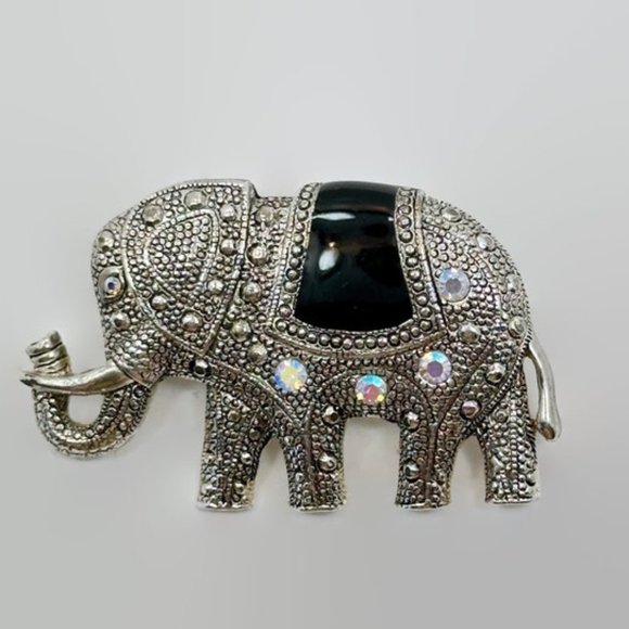 Jewelry - Elephant Brooch, Silver, Rhinestone, Lucky, Trunk Up, Vintage Pin, Enamel, Black